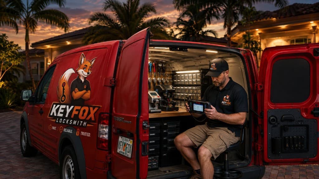 KeyFox Locksmith mobile workshop van with technician on site